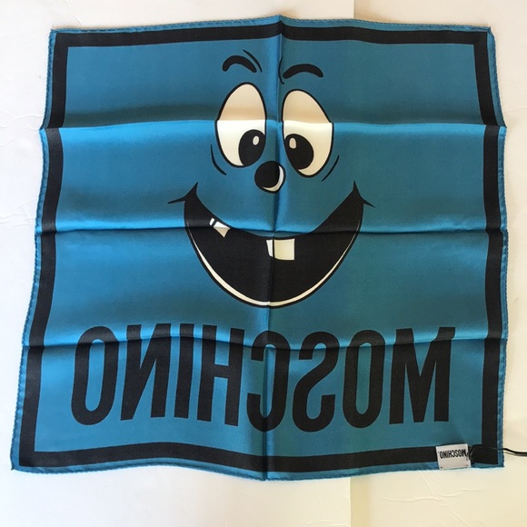 Moschino Silk Scarf Pumpkin Face Italy Blue 20x20 - Picture 8 of 10